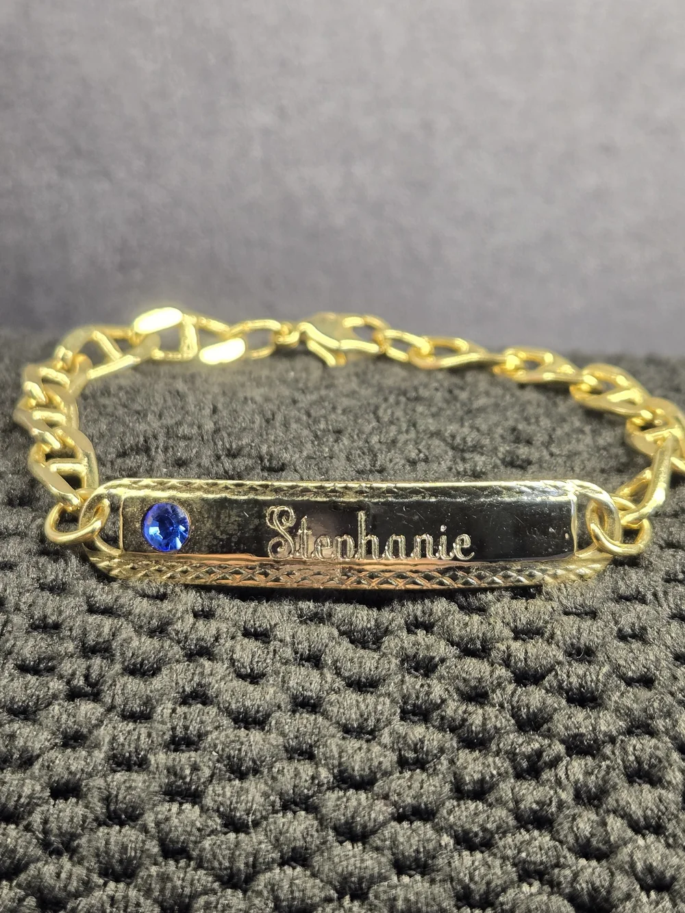 Personalized Stephanie Bar Bracelet with Blue Accent Gold Tone